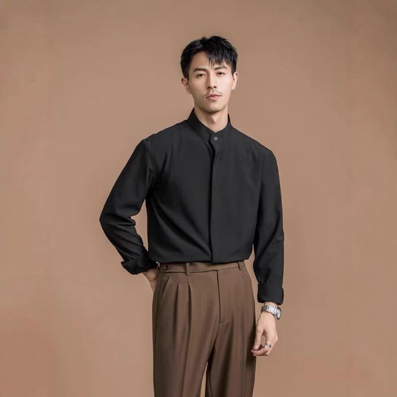 Mens Stand Collar Non Iron Slim Fit Long Sleeve Cool Casual Shirt