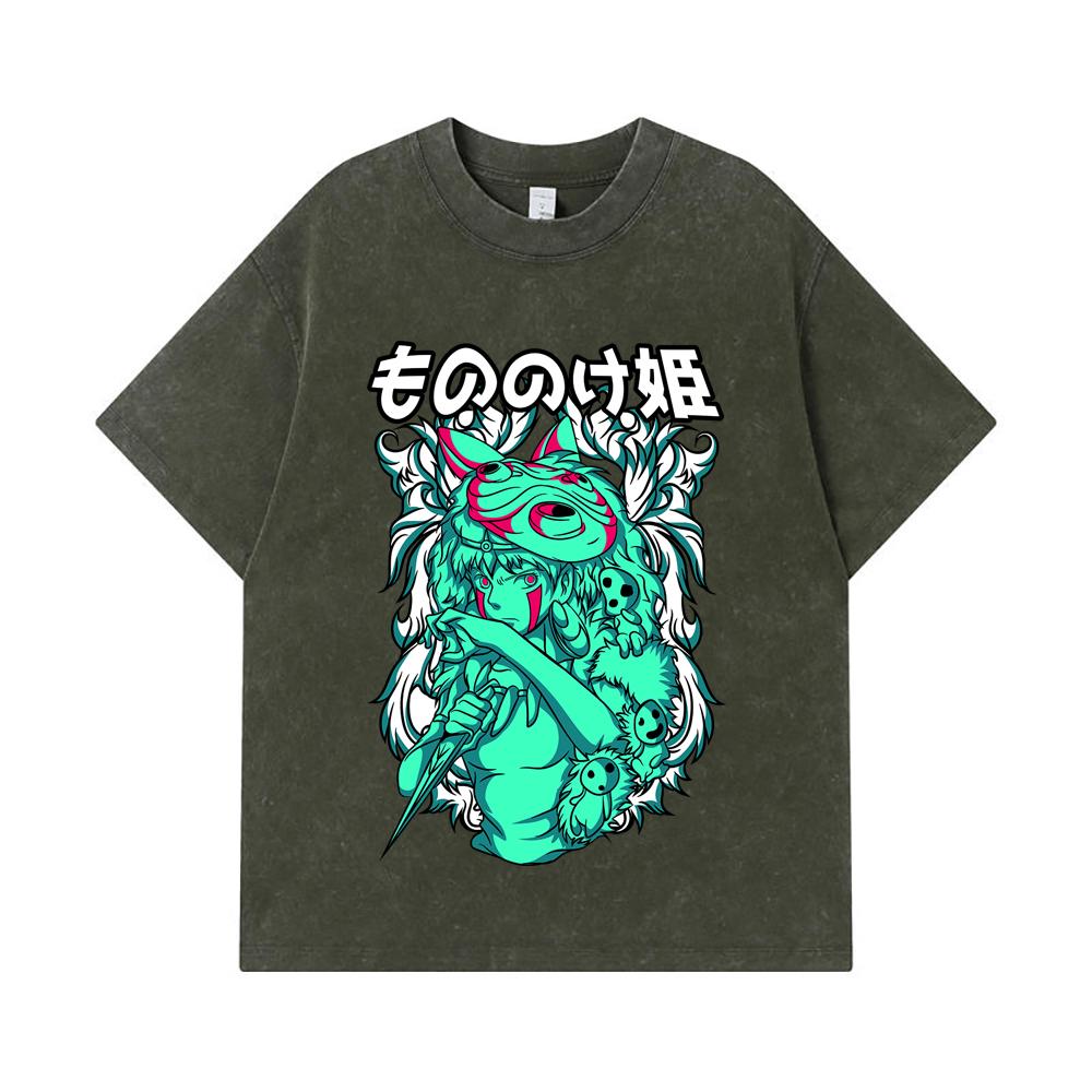 275 GSM Washed T-shirts 100% Cotton Ghibli V5 Princess Mononoke Print Unisex Heavy Cotton T Shirt S армия зеленый