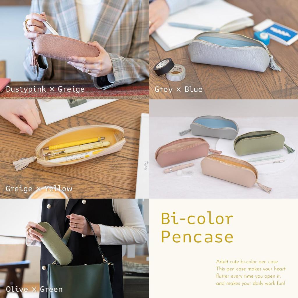 Soft Leather Pencil Case with Large Genuine [RafiCaro] Tassel, Capacity, Compact, Leather, Round, Cute, Simple, Two-Tone, Gray/Blue