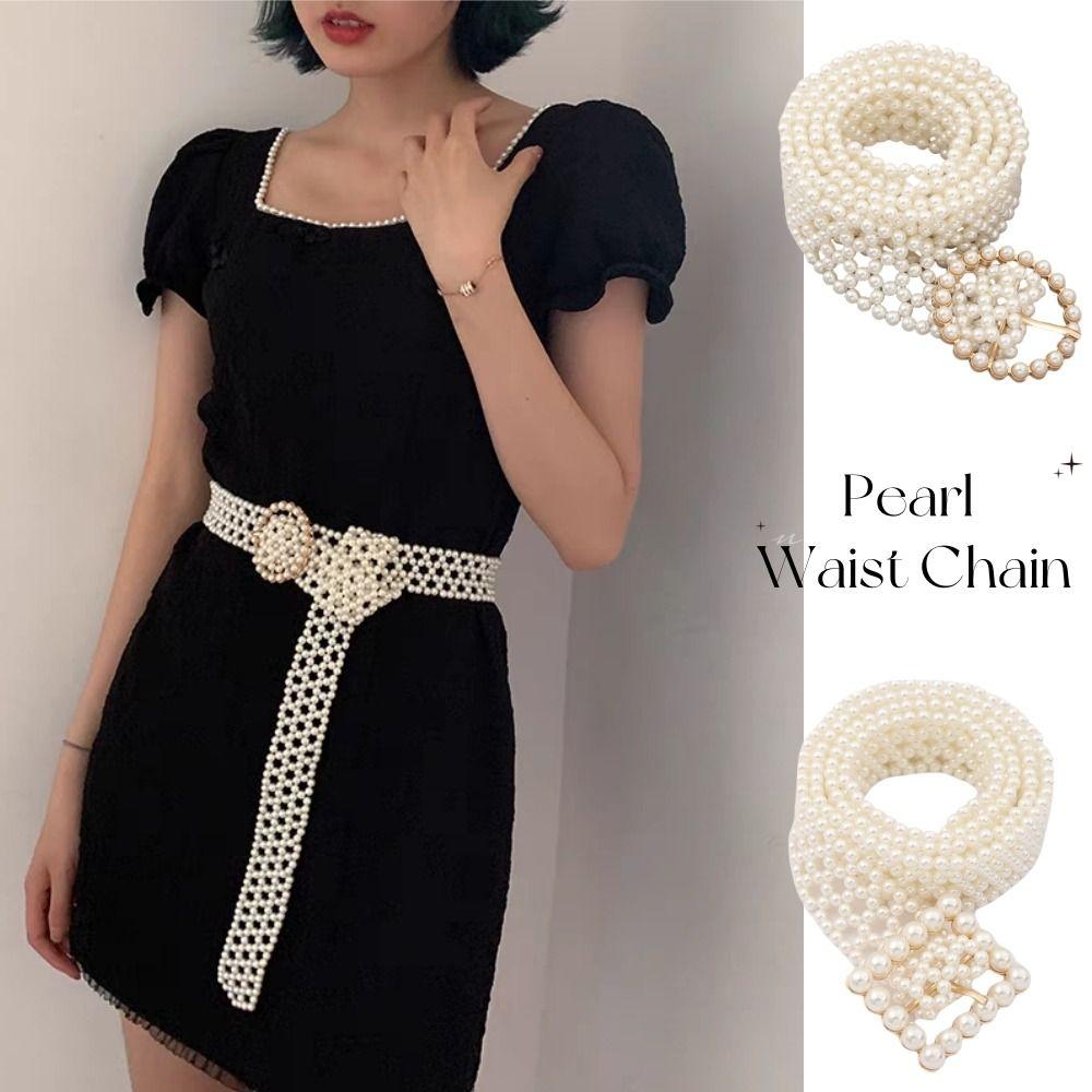 

Elastic Band Pearl Waist Chain Buckle Pearl Waist Belt Fashion Beadeds Body Chain Women Square Buckle