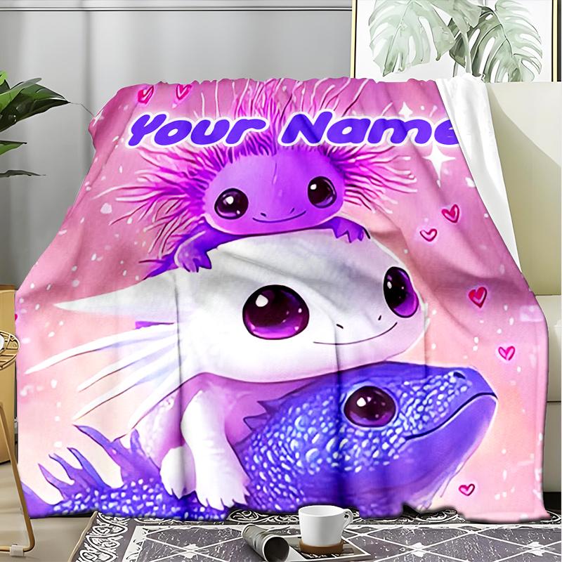 1PC Custom Name Purple Axolotl Trio Outdooor Flannel Blankets Throw Blanket All-Season Throw Gift Bedspread for Couch, Bed, Camping Holiday Birthda