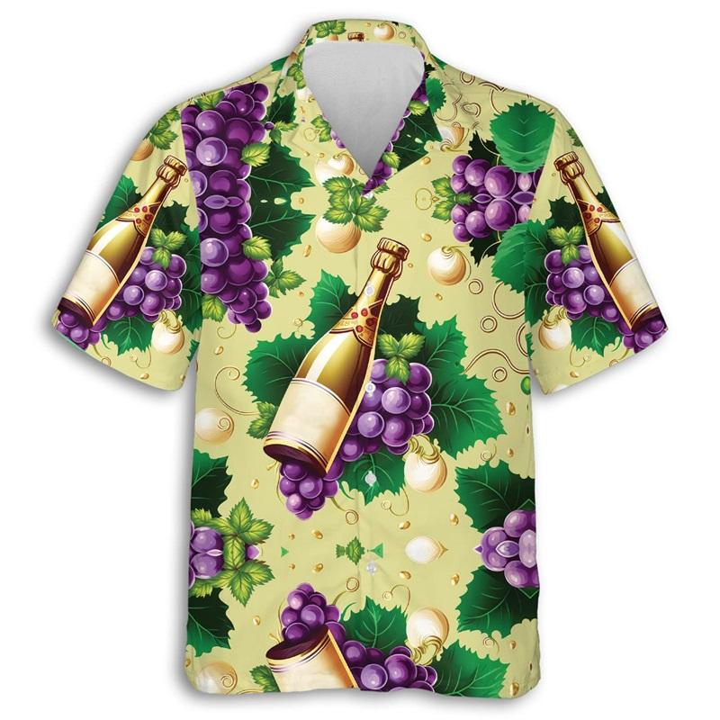 ETST51 3D Print Mousserende Wijn Grafisch Hawa&iuml;aans Shirt Voor Mannen Zomer Korte Mouw Champagne Knopen Beach Shirt Mannen Blouse Tops S