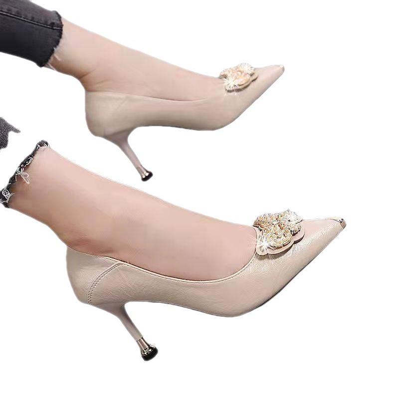 Leather High Heels for Women Metal Butterfly Stiletto Heeled Pointed Ladies Shoes Fashion Comfort Pumps Chaussure Femme
