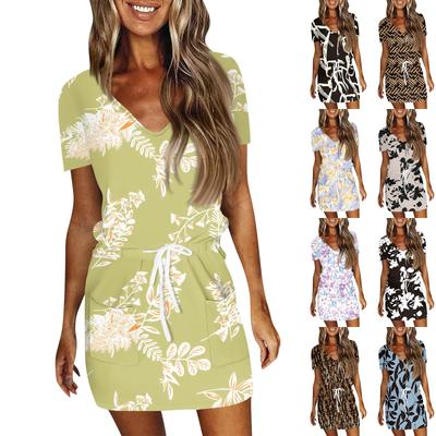 Kadın Yaz Günlük Moda Düz Renk İpli V Yaka Kısa Kollu Elbise