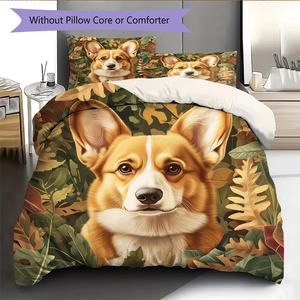 Corgi und Pflanzen Muster Bettwäsche Heimdekoration Geburtstagsgeschenk (1 Bettbezug + 2 Kissenbezüge, ohne Füllung)