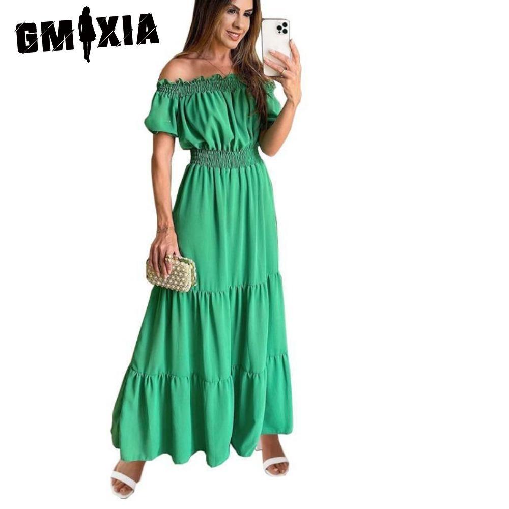 GMXIA Długa sukienka z odkrytymi plecami i elastyczną talią Popularny styl bohemy z odkrytymi ramionami