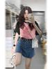 Women's Plus Size Color-Blocked Retro Cotton Short-Sleeve T-Shirt - Black/Pink