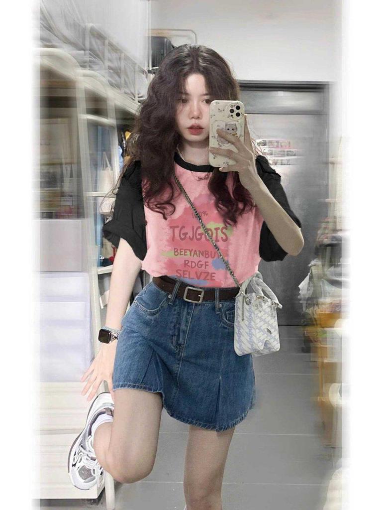 Women's Plus Size Color-Blocked Retro Cotton Short-Sleeve T-Shirt - Black/Pink
