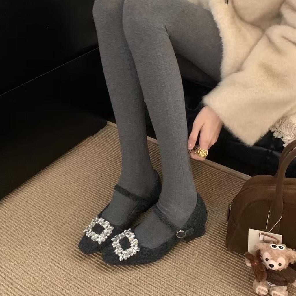 grey rhinestone thick heel Mary Jane shoes for women's winter wear new Korean version of square head woolen single shoes with velvet thermal 
