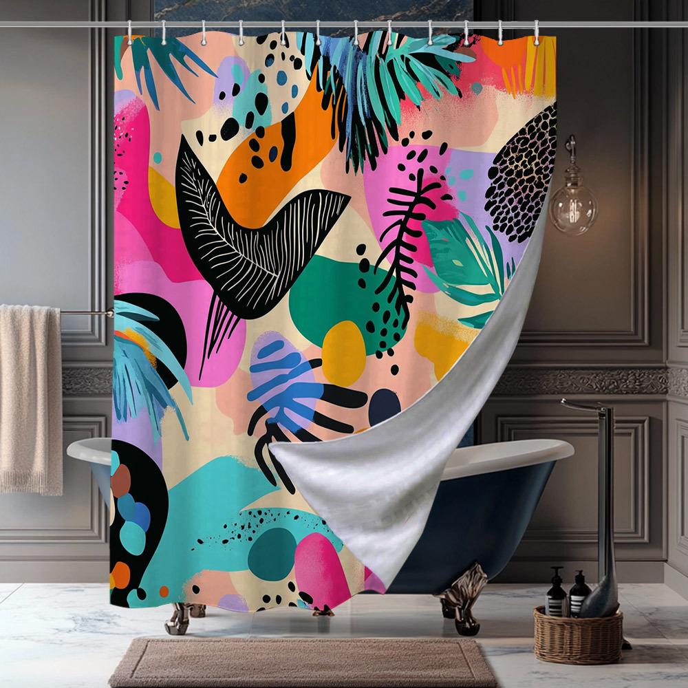 

Vibrant Tropical Leaf Pattern Shower Curtain - High Quality Polyester Fabric, Colorful Kaleidoscope Design With Birds W60H190(CM)-1 Pcs