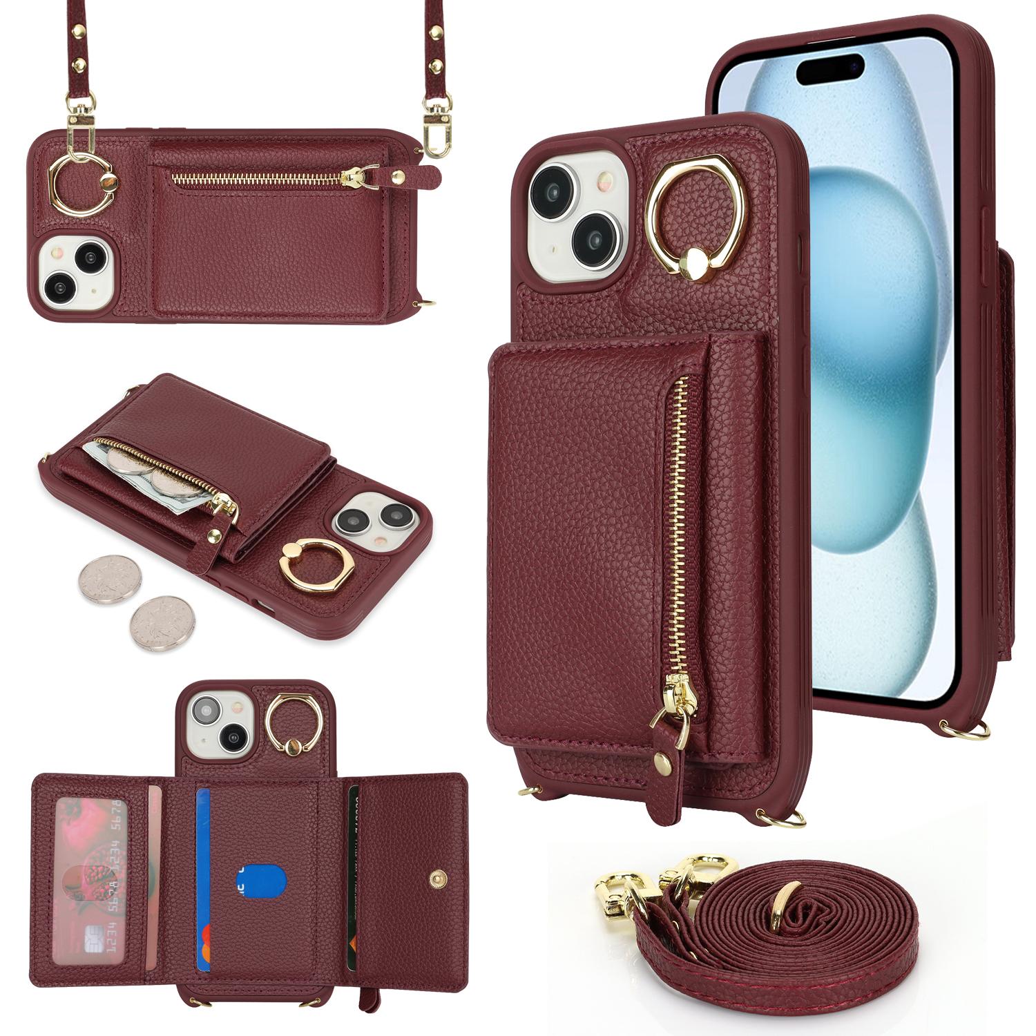 

For iPhone 15 Case PU Leather+TPU Phone Cover with Ring Zipper Pocket Card Holder Wine Red