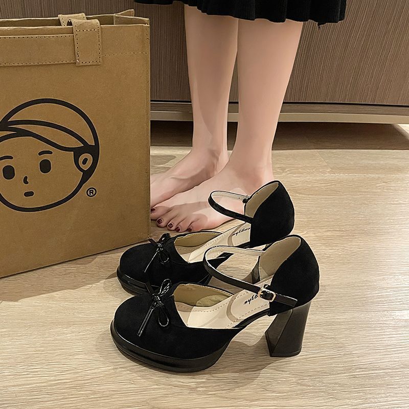 Height-increasing super soft retro Mary Jane shoes high heels round head light mouth bow French single shoes