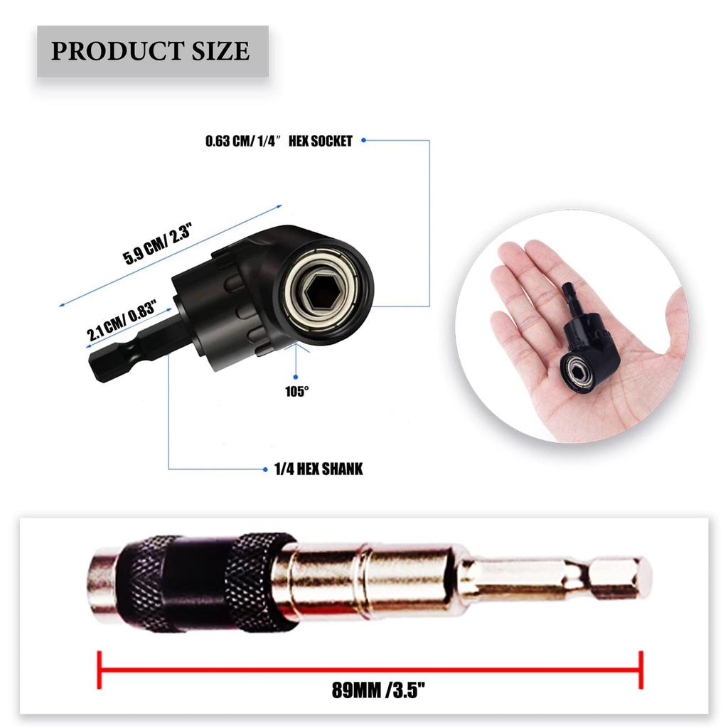 Right Angle Drill Attachment Impact Angled Magnetic Drill Bit Holder Swivel Drill Bit Impact Extension Set for Tight Spaces Adapter, 105° Driver,
