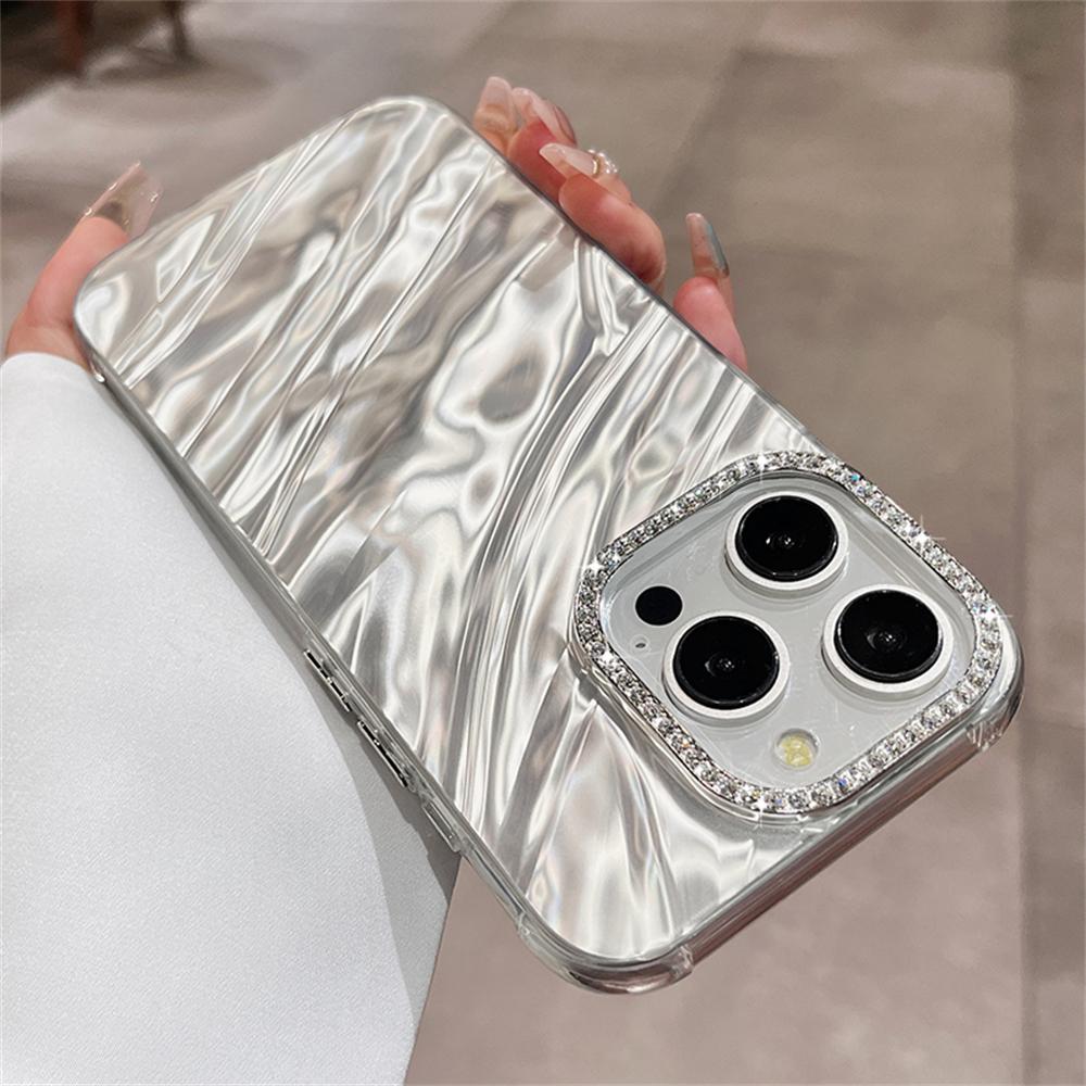Luxury Bling Glitter Diamond Camera Protection Phone Case for iPhone 14 11 12 13 15 Pro Max Shiny Wave Ripple Pattern Hard Cover