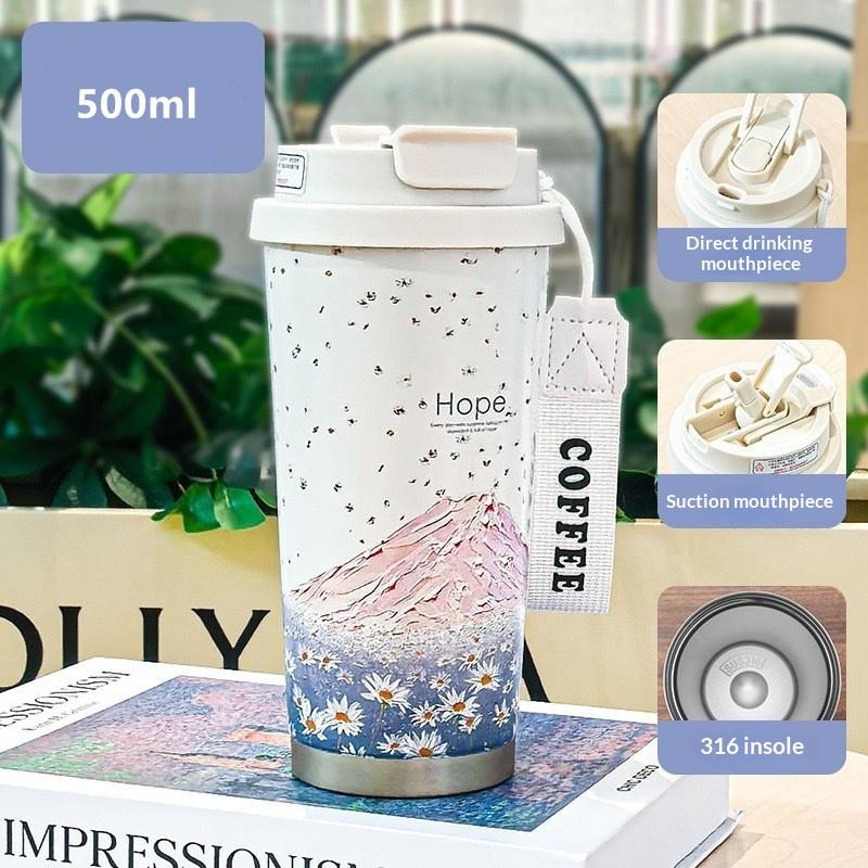 Stainless Steel Thermos Mug 5D Printing Flower Portable Dual-Drink Insulated Coffee Cup for Camping Gift Daily Use