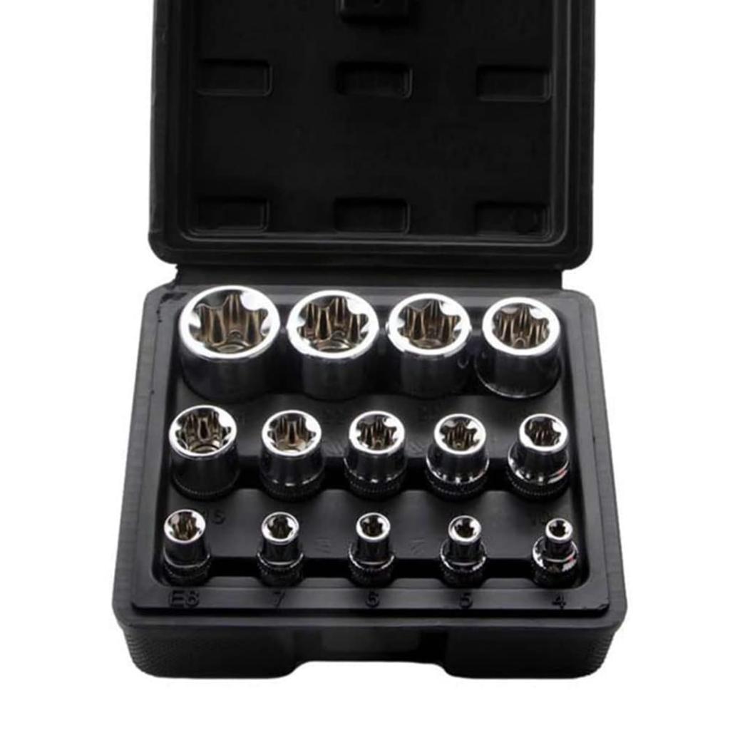 HYCDIYTS Torx Socket Socket Screw with Storage Box 14-piece E-type Set, Star-shaped, Flower-shaped, Wrench, Remover, E-type Socket, (black)