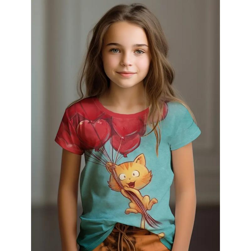 Buntes Katzenmädchen T-Shirt Niedliche Muster Sommer Kurzarm 3D Druck Mädchen Oberteil Mode Lässig Streetwear Kinderkleidung