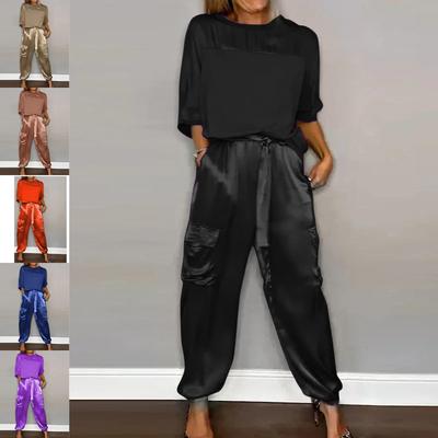 Women's  Summer  Smooth Satin Short-sleeved Top and Pants Two-piece Set Spring O-neck Lace Up Outfits Sleek Elegance Leisure Suit