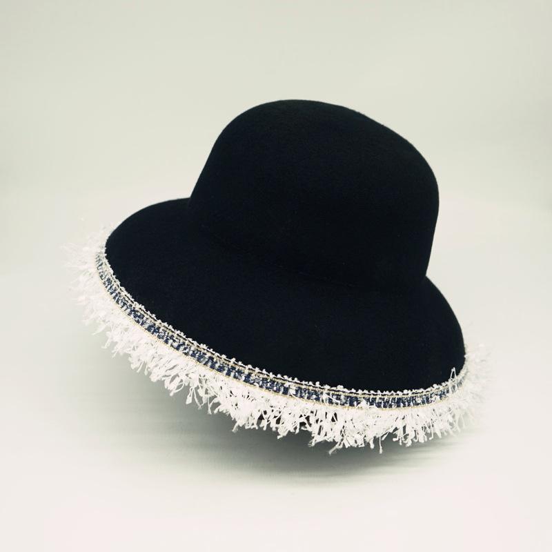 

French Elegant Retro Rough Edge Black Woolen Bell-Shaped Basin Hat Female British Versatile Foreign Trade Felt Fisherman Top Hat M（56-58cm）