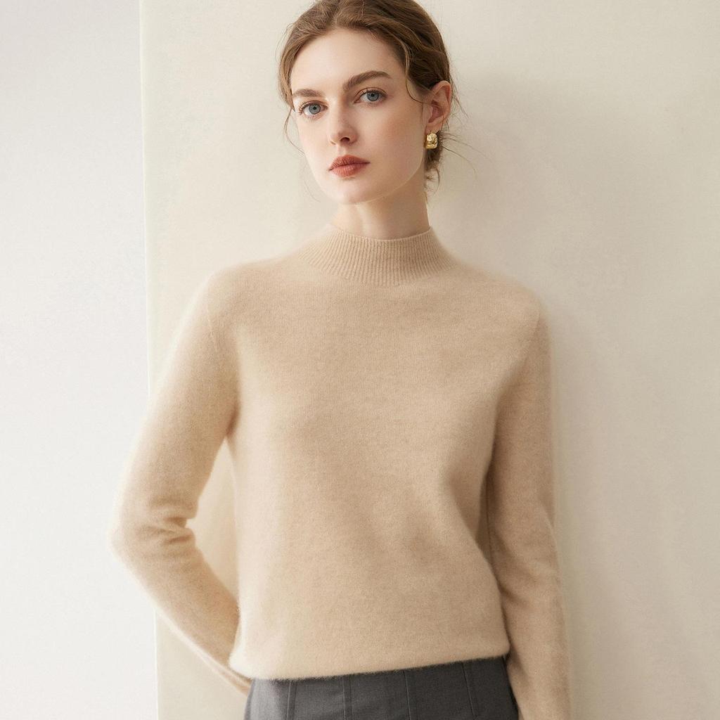 Women's 100% Pure Cashmere Loose Fit Sweater - Half-High Neck, Versatile Warm Knitwear for Autumn/Winter