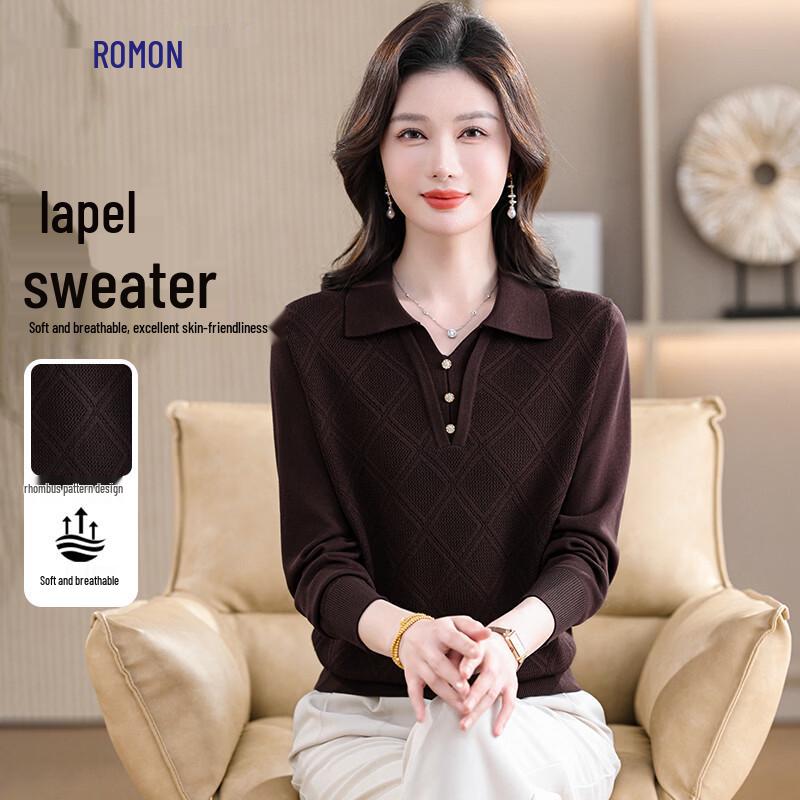 Rommon Women's Diamond Pattern Lapel Knit T-Shirt