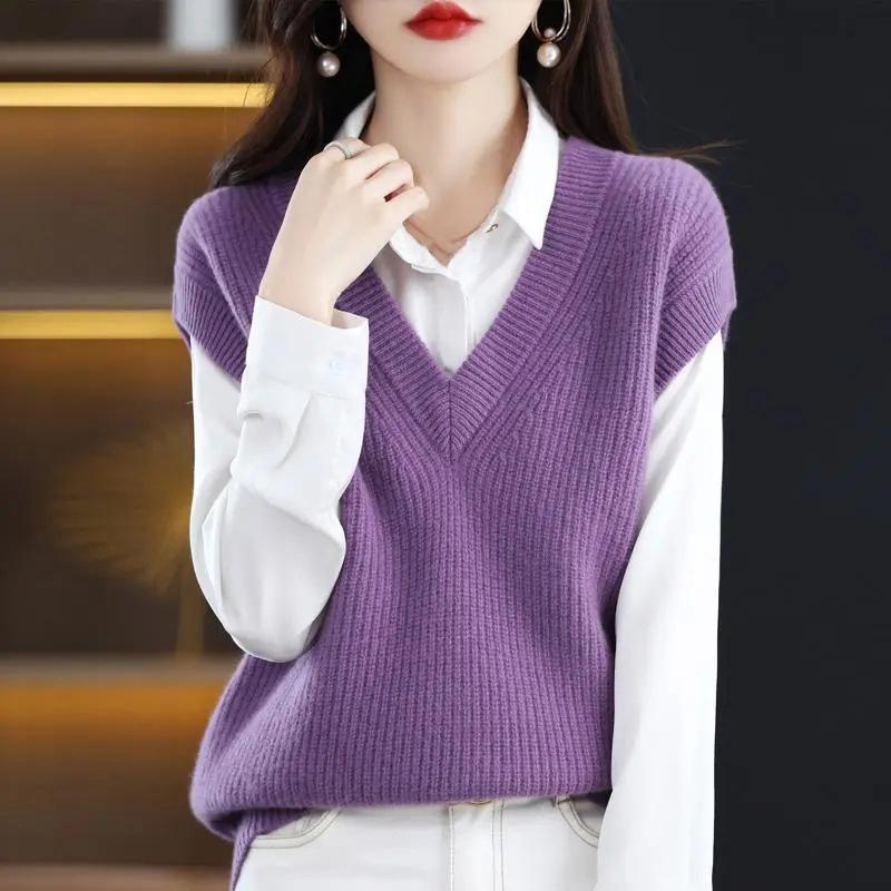 Autumn Winter Knitted Vest Women V Neck Shirt Loose Versatile Sleeveless Knitted Sweater Pullover