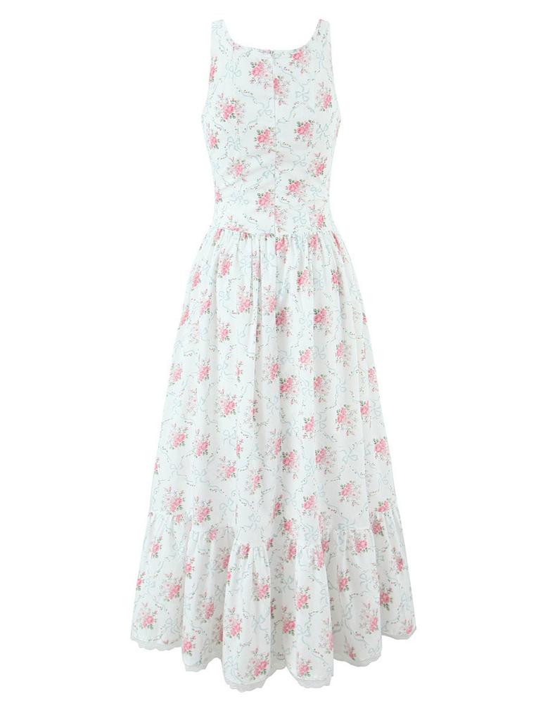 Floral Sleeveless French Dress Waist Thin Long White Gentle Wind Swing Dress