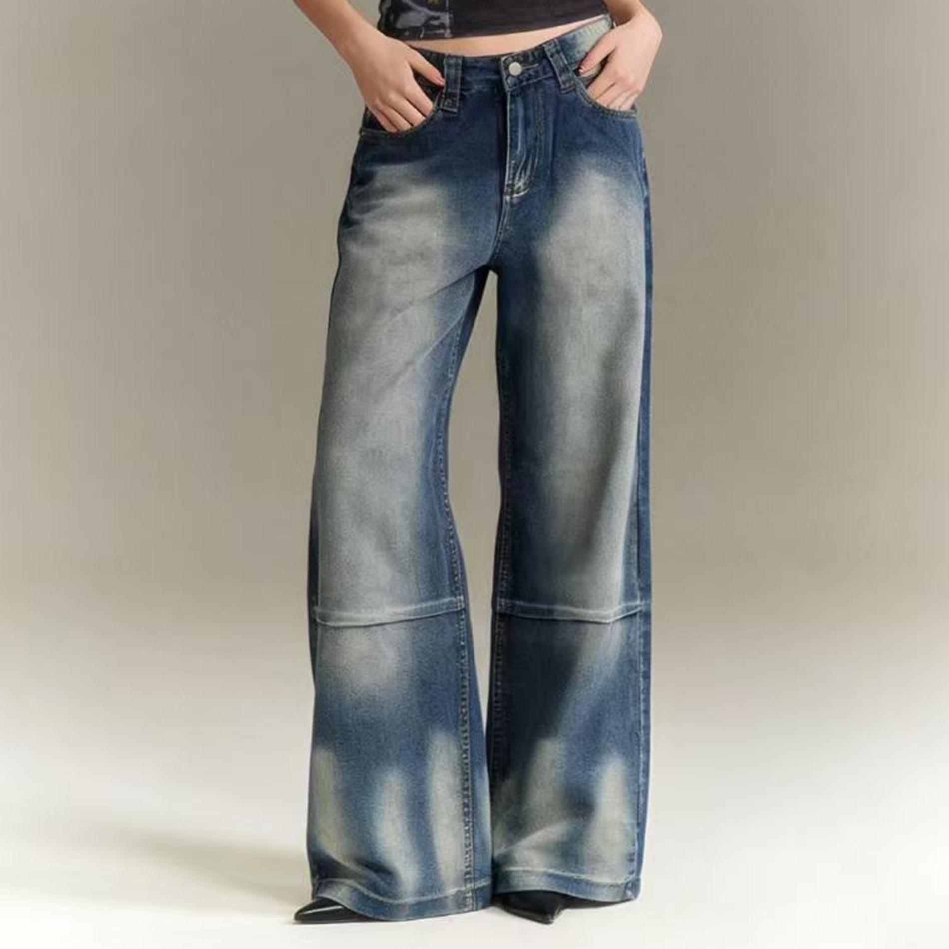 

Women s Mid- Stretch Jeans Fashion Straight Leg Denim Pants With Pockets XL синій