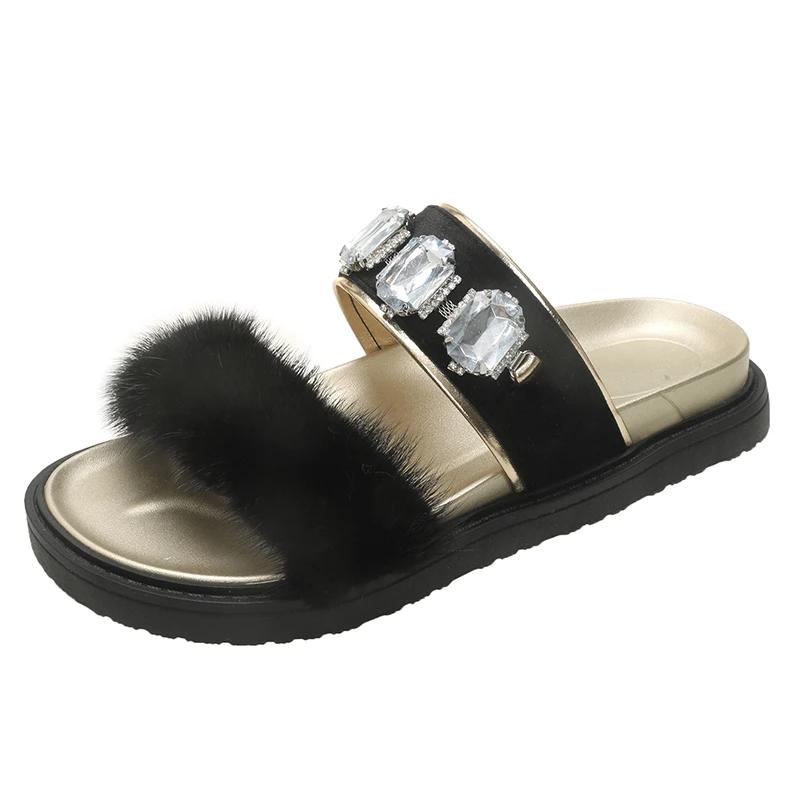 Furry Slippers Women New Fashion Crystal Flat Slippers Summer Non Slip Shoes Comfortable Outdoor Slides Women Zapatos De Mujer