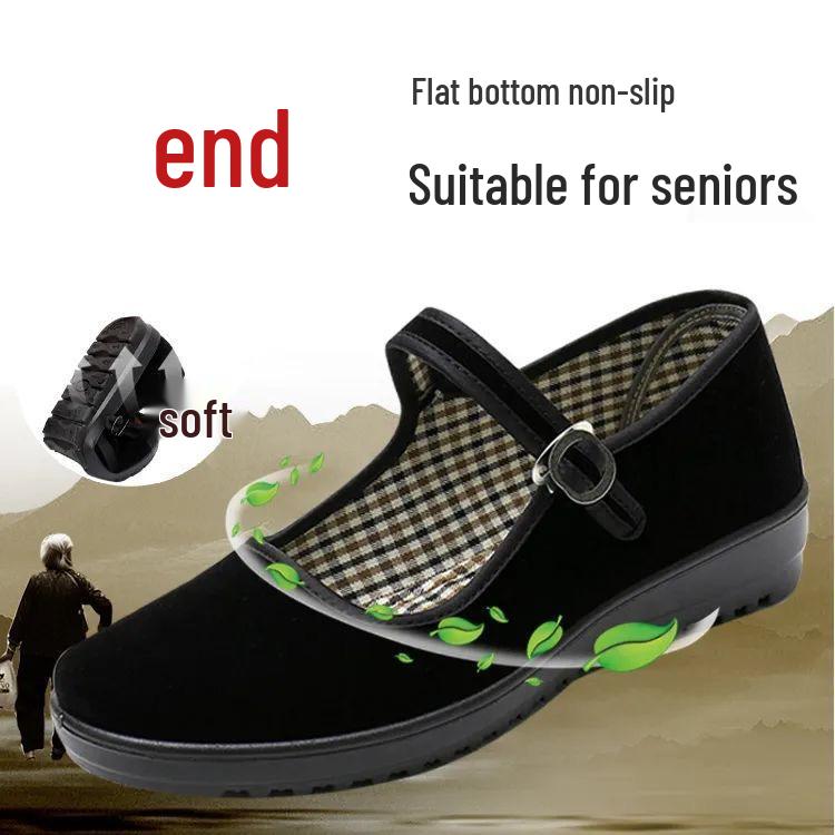 Women's Black Old Beijing Cloth Shoes - One Strap, Non-Slip, Ideal for Work, Dance & Everyday Comfort.