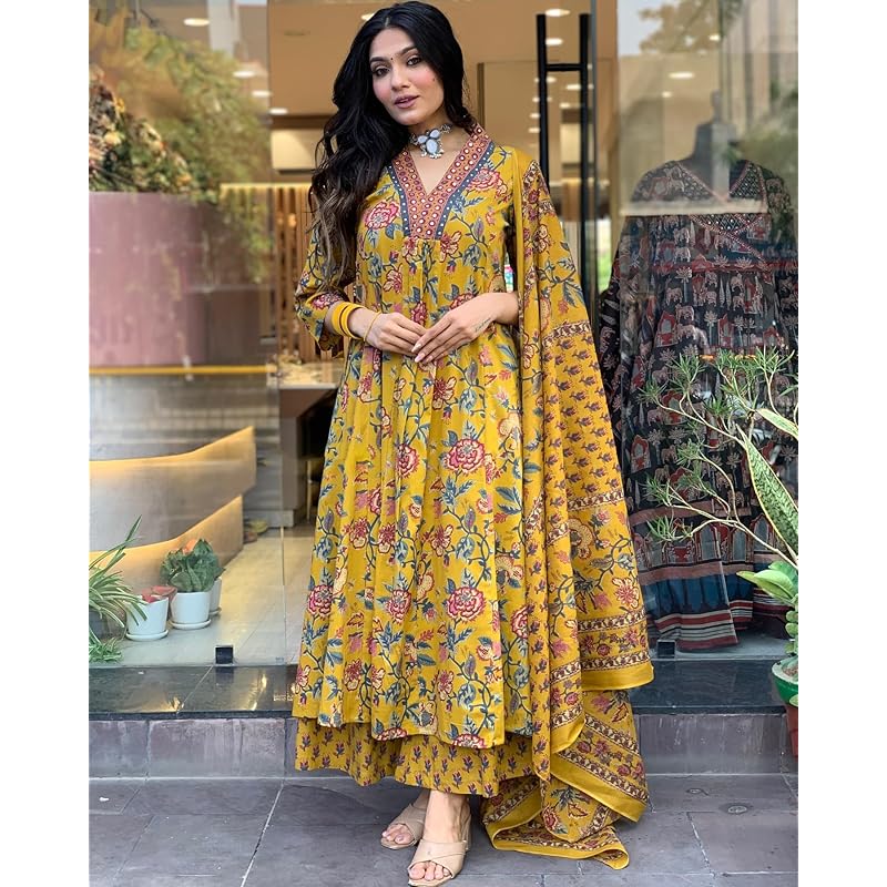 Nermosa Women Printed Anarkali Kurta and pant set with Dupatta (IN, Alpha, 2XL, Yellow) 2XL