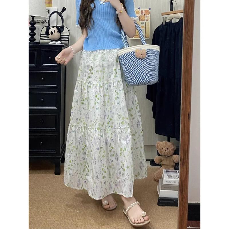 

Women Vintage Purple Floral Tiered Maxi Skirt Onesize зелёный
