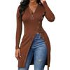 Women's Solid Color Long Sleeve Zip V Neck High Slit Long Ribbed Shirt