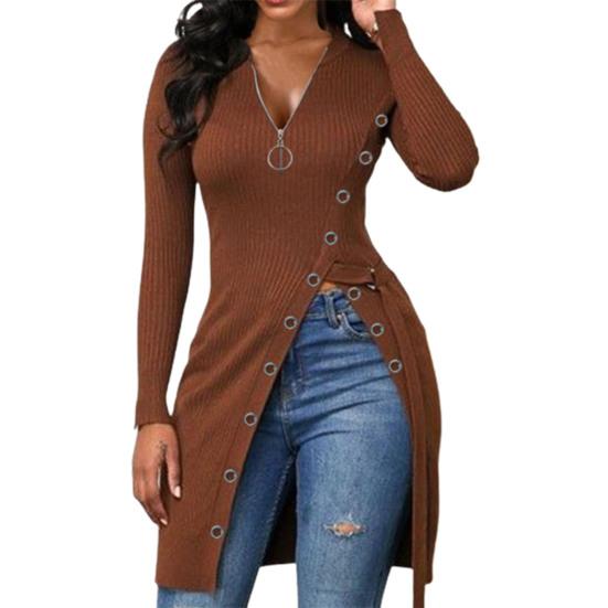 Women's Solid Color Long Sleeve Zip V Neck High Slit Long Ribbed Shirt