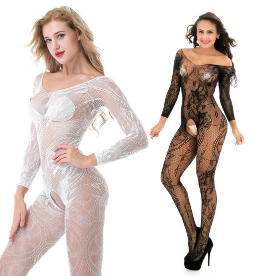 Mulher quente sexy transparente crotchless fora do ombro malha bodystocking sleepwear