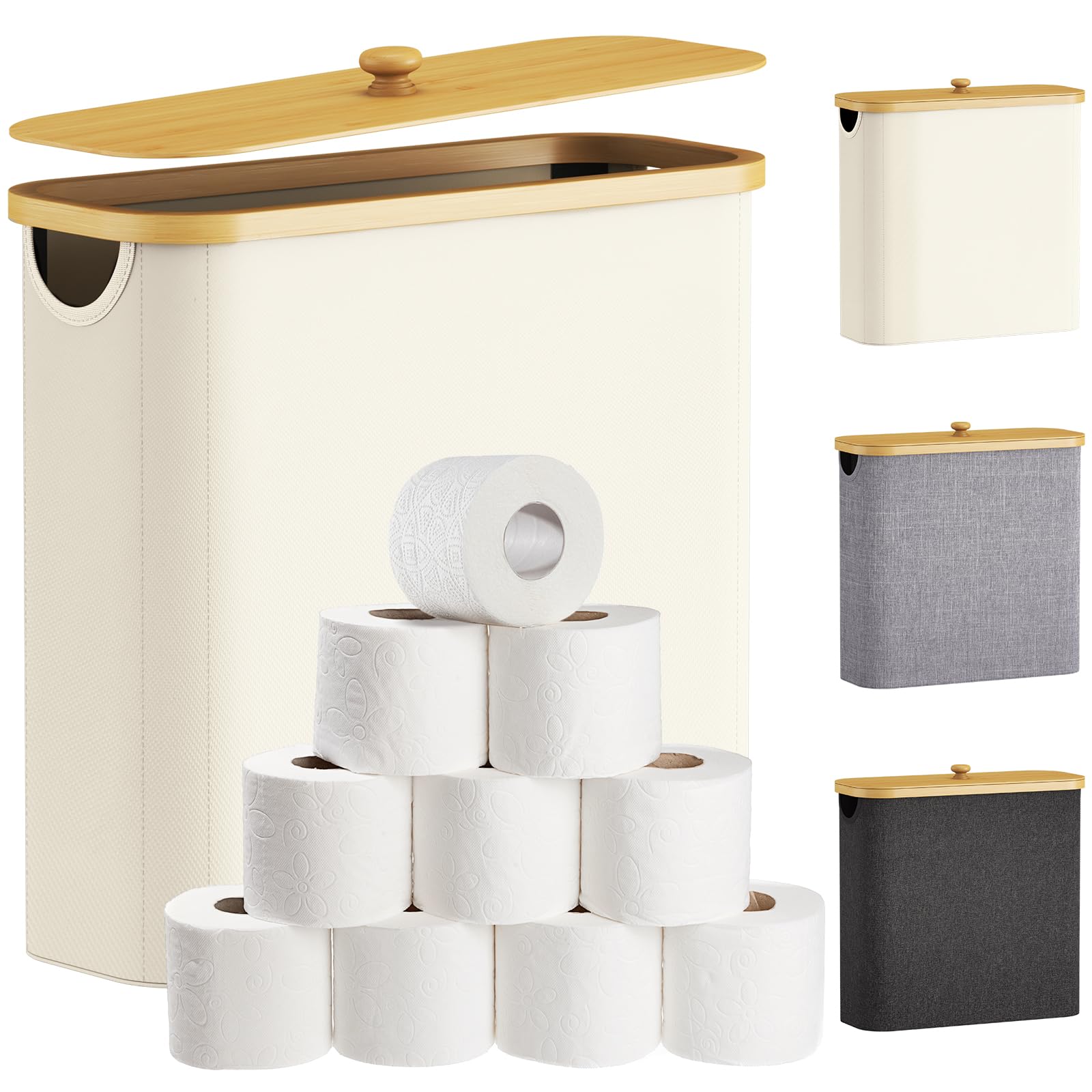 

Lifewit Toilet Paper Container, Toilet Paper Basket, Spare Toilet Paper Holder with Bamboo Lid, Bathroom Organizer, Storage Basket, Box, 30L, White