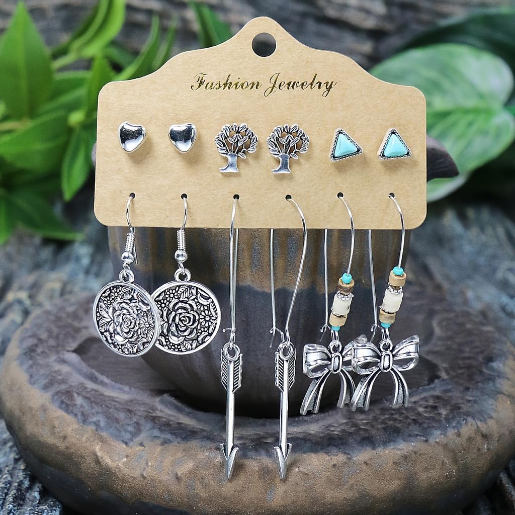 54 Pairs Of Boho Ethnic Style Earrings Ear Stud Combination Set Silver Color Geometric Turquoise Inlaid Party Decor Gifts