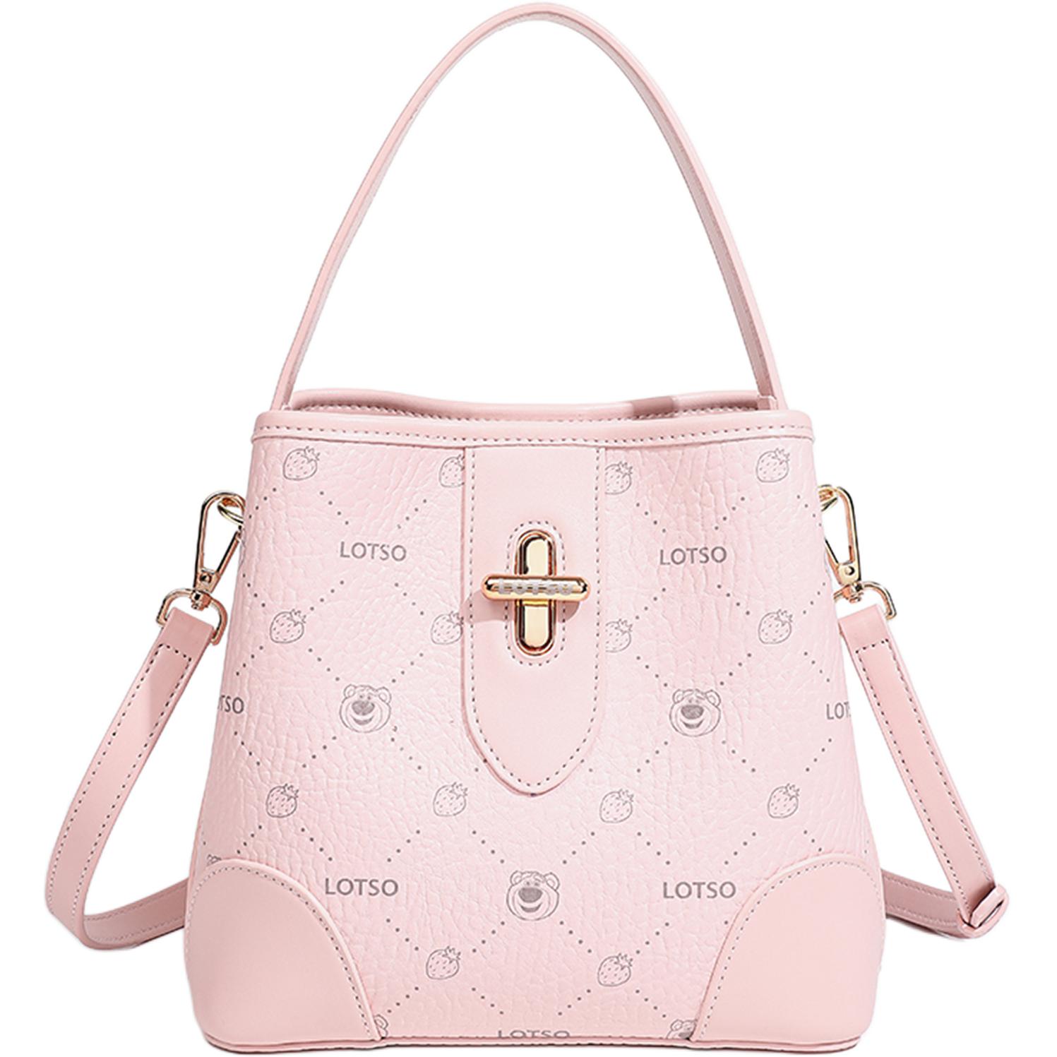 

New Disney Strawberry Bear Series PVC Bucket Bag Handbag Women s Strawberry Pink/Cream White BMK-72626 21.1*11.9*20.1CM