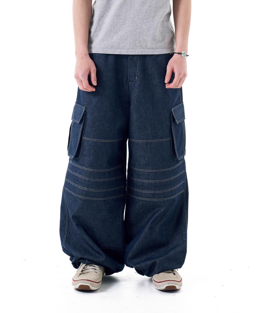 AAKAM Stitched Denim Wide Cargo Pants (Blue)