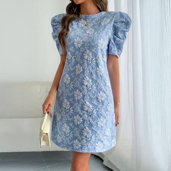 Women's Textured Jacquard Dress Crewneck Short Puff Sleeve A-line Dress Summer Floral Mini Dresses