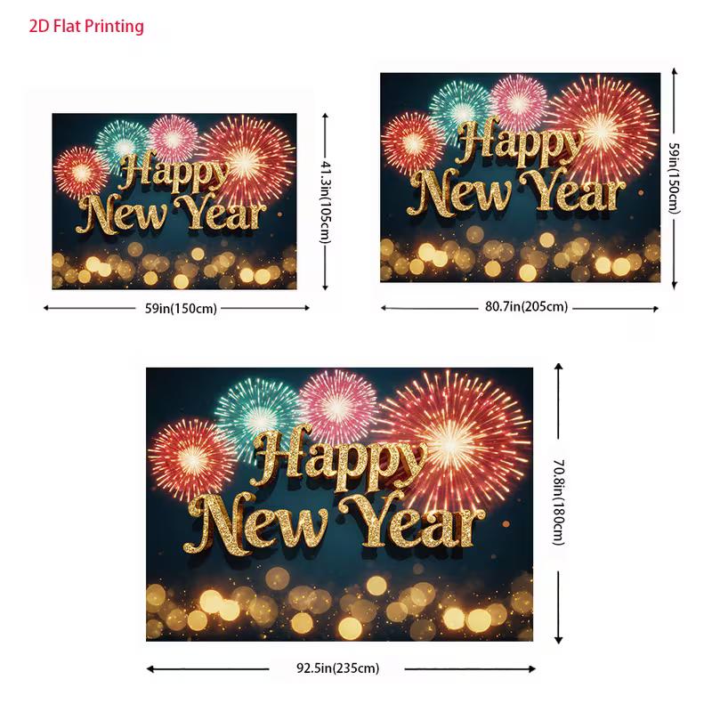 2D Gold Happy New Year Backdrop Colorful Fireworks Celebration Photo Background