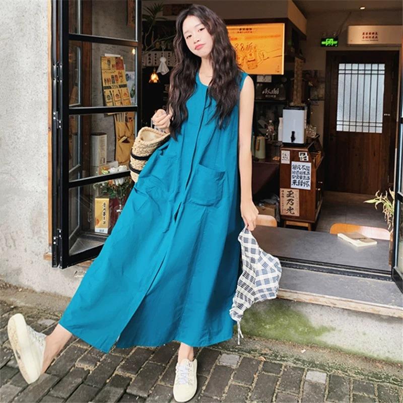 

Johnature Летнее повседневное платье без рукавов в корейском стиле для женщин, свободное повседневное платье с круглым вырезом и карманами, простое женское платье XL