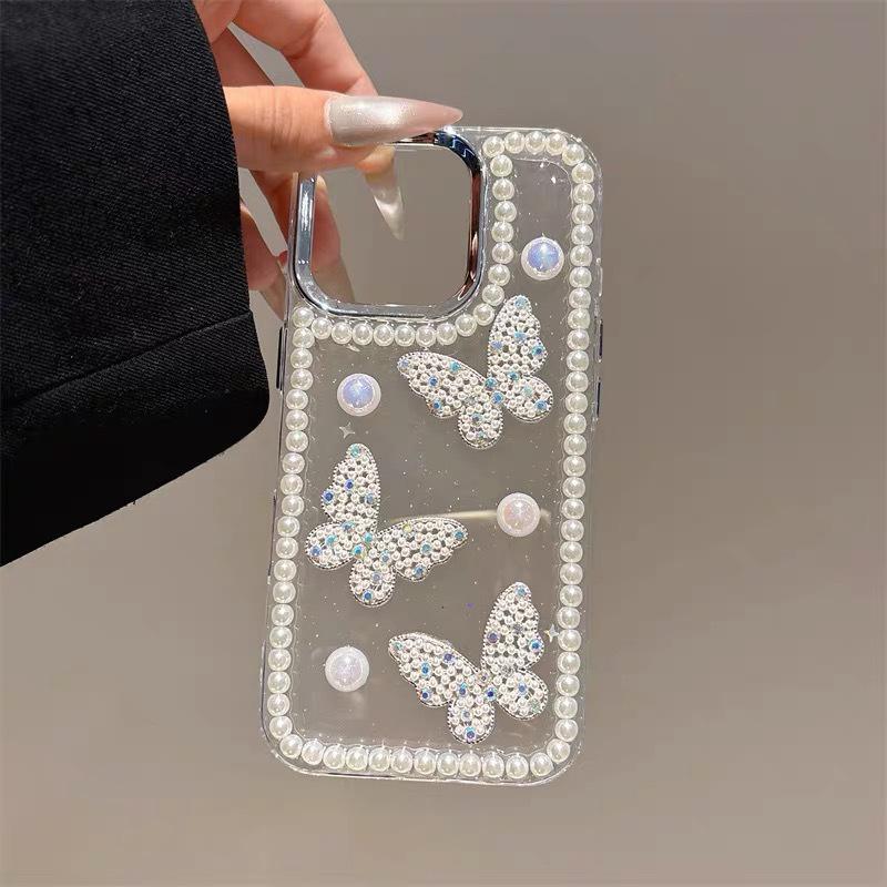 Applicable To Apple 16Promax Mobile Phone Case Iphone15 Xiaoqing Fresh Air 17 Pearl Transparent Butterfly Glitter
