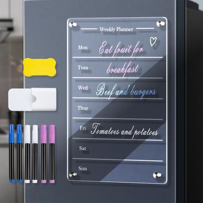 Clear Magnetic Calendar for Fridge Set 6 Colors Markers and Pen Container Weekly Celsius Blank Planning Board Acrylic for Fridge 23X33CM