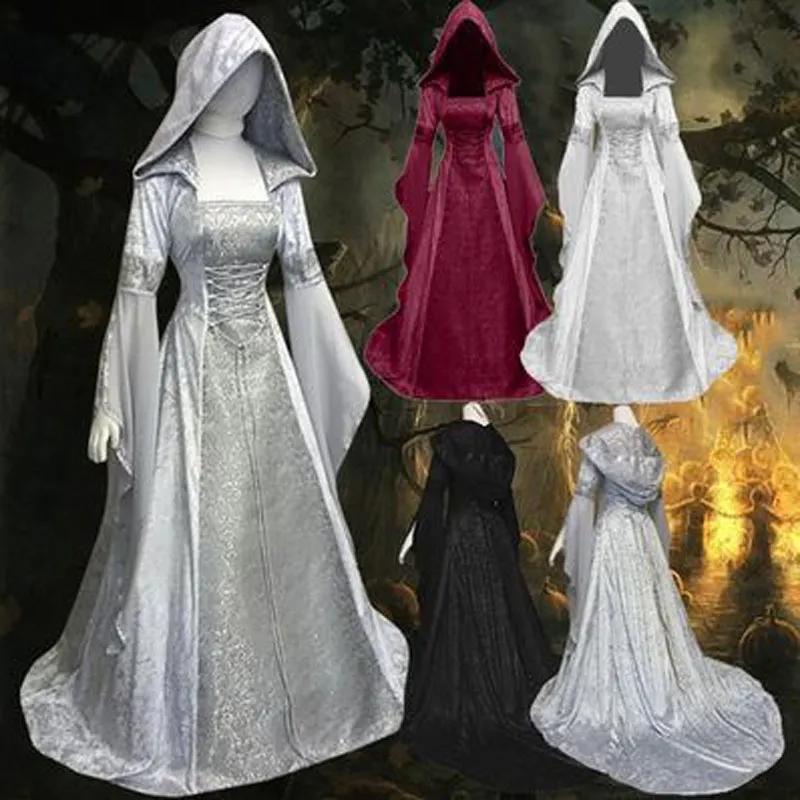 Women Deluxe Witch Dress Medieval Renaissance Maxi Train Dress Halloween Devil Pagan Witch Wedding Cos Costume Hooded Gown Robe