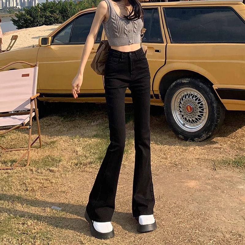 Women's Plus Size High-Waisted Black Micro Flare Velvet Jeans for Autumn/Winter 2025