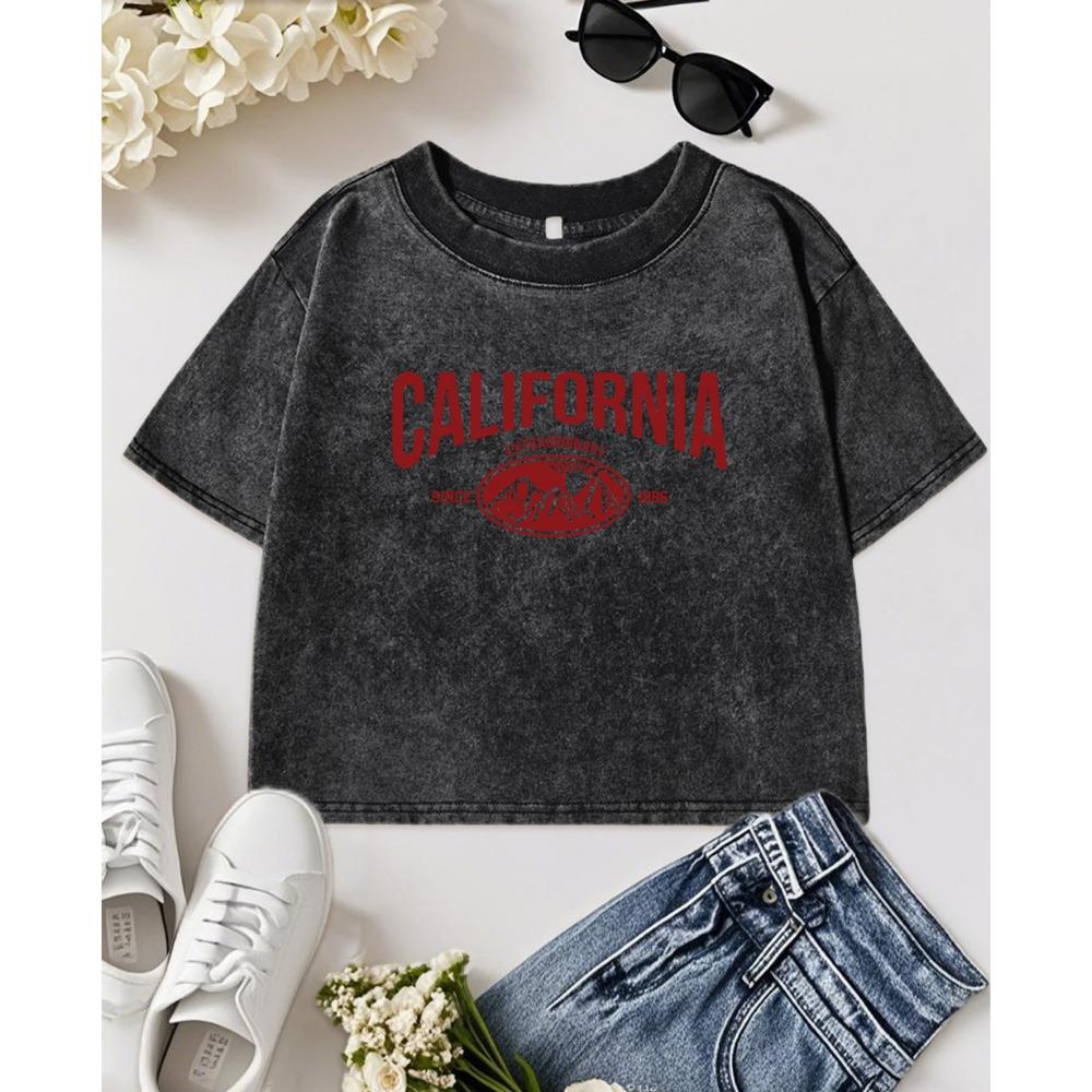 California Mountain Range Since 1886 Print Washed Crop T-Shirt Women Summer Comfortable T Shirts Cotton Short Sleeve