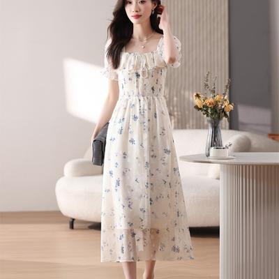 Fresh and Gentle Floral Chiffon Dress, Women's Summer Long Dress, Vacation Beach Skirt