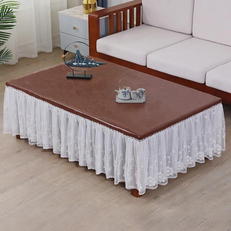 Waterproof Heat-resistant Table Cover Embroidered Lace Edge Leather Tablecloth Dining Table Chiffon Hem Oil Proof Dust Cover
