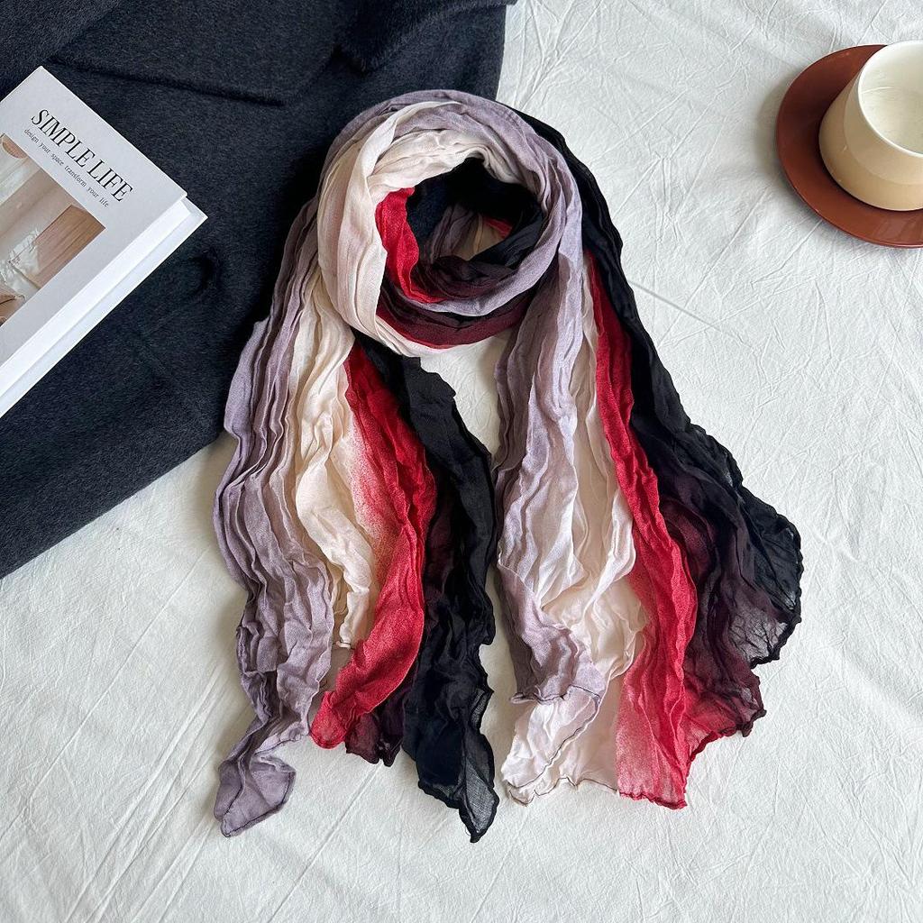 Écharpe en coton et lin bleu dégradé: Accessoire Plissé Long pour Femme, Impression Polyvalente Rétro pour l'Automne/Hiver